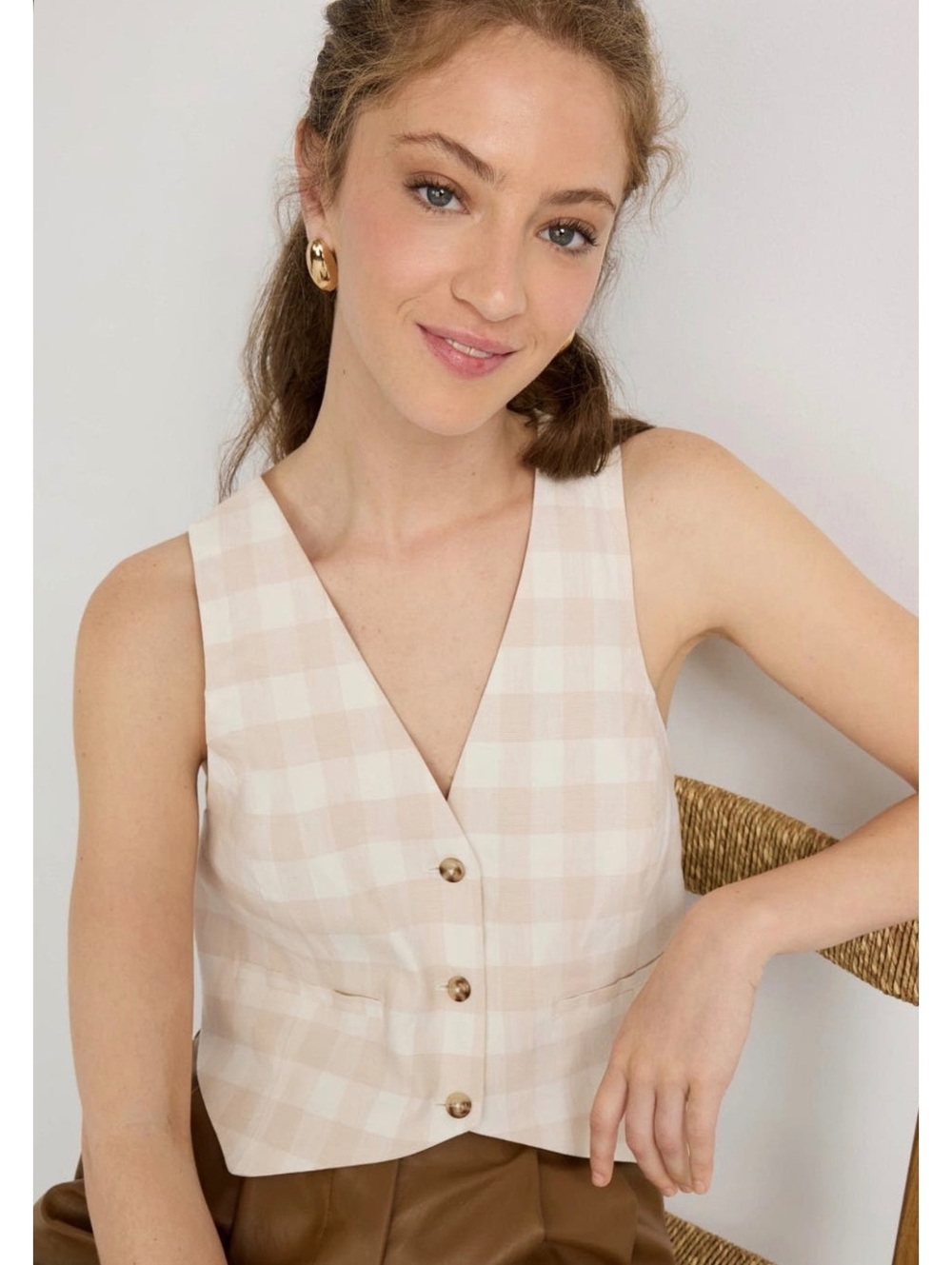 SIMKHAI x RTR Plaid Linen Blend Vest Size S Cream Beige Button Front